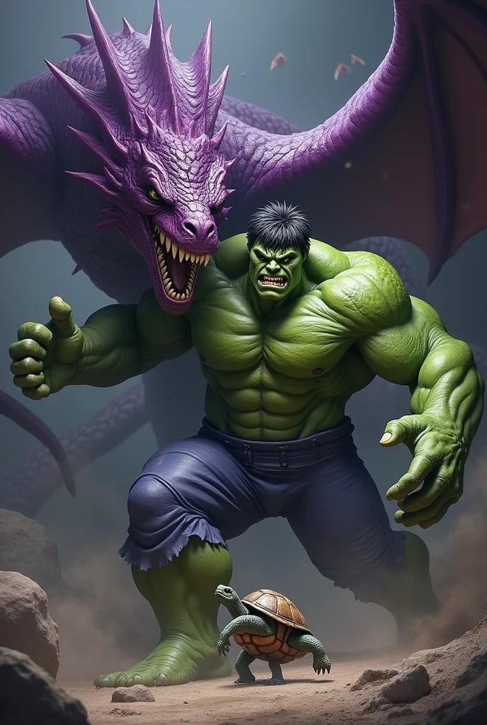 Hulk qui lance une tortue sur un dragon violet