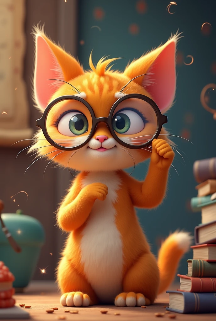 Cartoon cat pushes up his glasses
