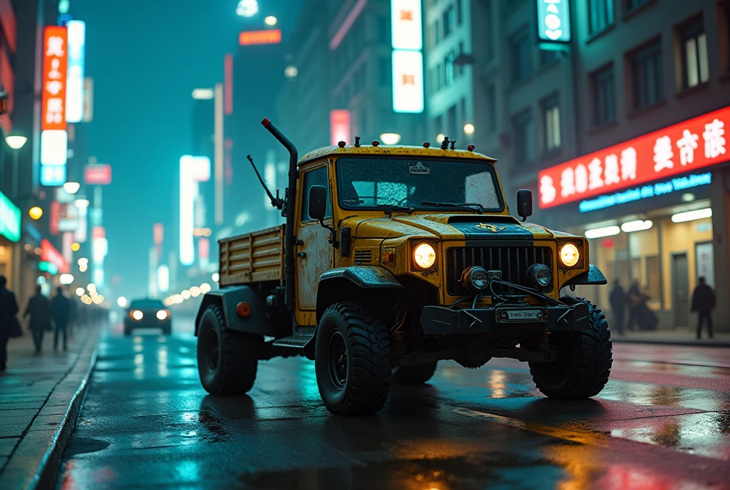 Cyberpunk Subaru vintage armored tuk-tuk、Shallow depth of field、(masterpiece:1.3) (最high quality:1.2) (high quality:1.1)、Cinematic Light, ((Cinema Lighting),(Natural light),(High level of artistry),(artistic),(Indistinguishable quality from the real thing),RAW Photos,Genuine,Genuine,High resolution,RAW Photos,masterpiece, beautiful, Drive through the city at night、The vehicle is leaning outward as it turns at an intersection.、Reverse handle
