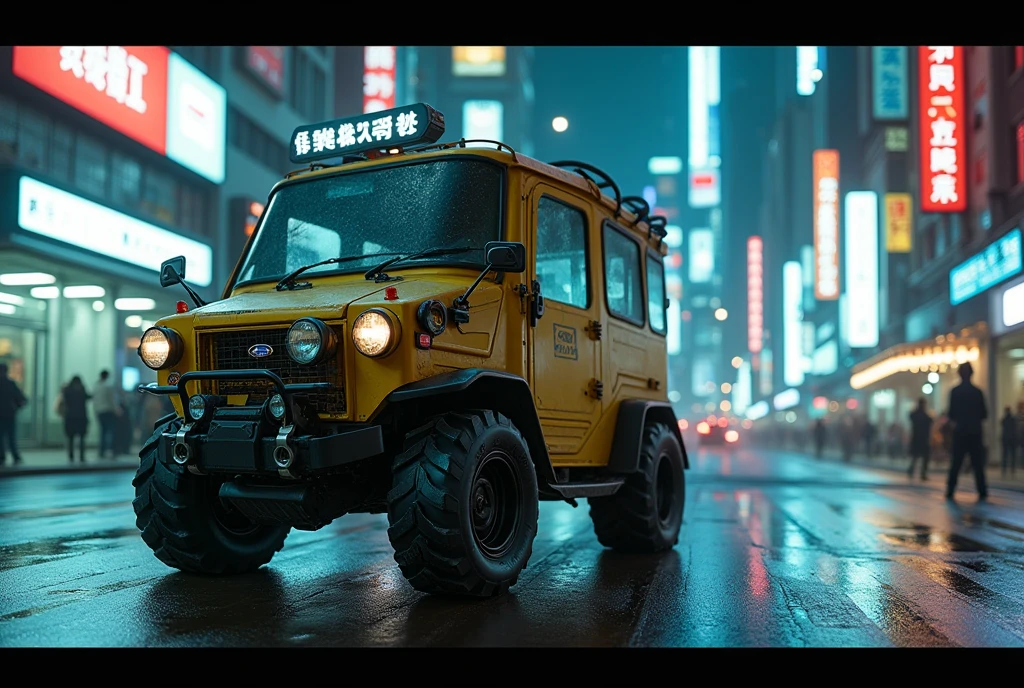 Cyberpunk Subaru vintage armored tuk-tuk、Shallow depth of field、(masterpiece:1.3) (最high quality:1.2) (high quality:1.1)、Cinematic Light, ((Cinema Lighting),(Natural light),(High level of artistry),(artistic),(Indistinguishable quality from the real thing),RAW Photos,Genuine,Genuine,High resolution,RAW Photos,masterpiece, beautiful, Drive through the city at night、The vehicle is leaning outward as it turns at an intersection.、Reverse handle