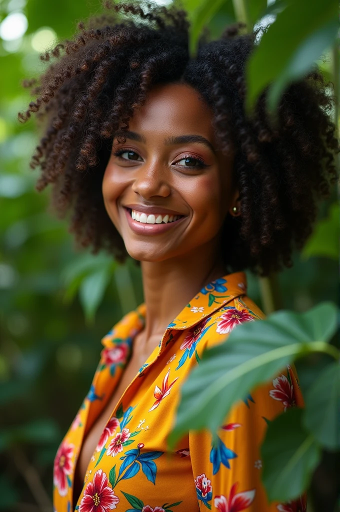 A Brazilian woman in a lush tropical garden, wearing an open shirt with a floral print, with a close-up capturing the harmonious beauty between her breasts and the natural flowers, showing off your natural charm and outgoing personality.