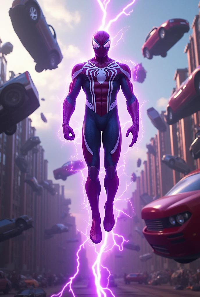 magneto merged with spiderman, floating mid air, purple suit, in a scrapyard, bent cars floating around, purple lightenings, strong magnetic field,