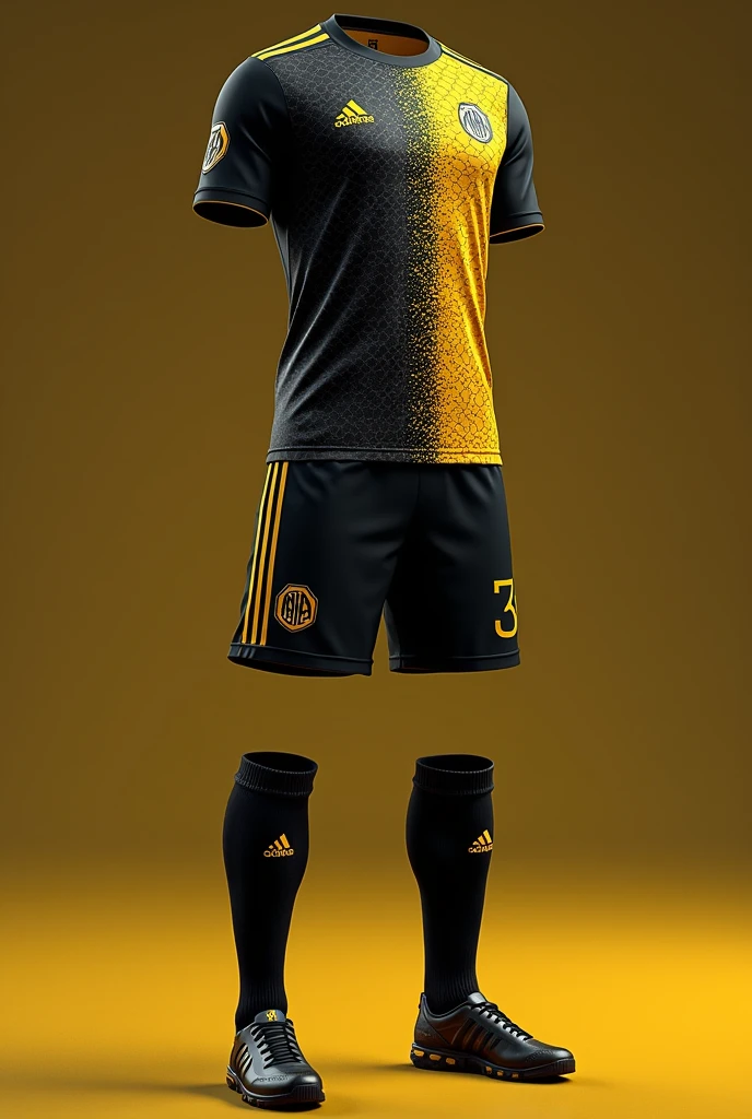 Create a beehive-style soccer uniform with black and gold colors