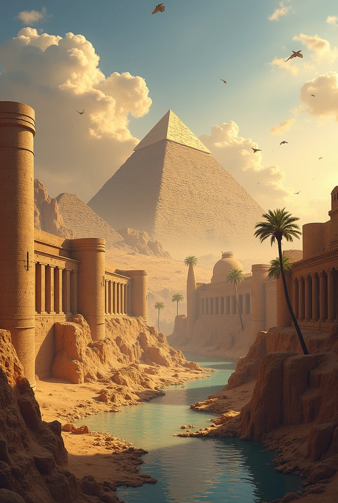 make me images that have this text Predynastic and Early Dynastic Period (before 3100 BC.c.): comunidades agrícolas se desarrollan a lo largo del Nilo, and Narmer unifies Upper and Lower Egypt, founding the First Dynasty.
ancient empire (2686-2181 a.c.): The great pyramids are built, like those of Giza. Egypt prospers under a centralized government.
Middle Kingdom (2055-1650 a.c.): Political and cultural renaissance after the First Intermediate Period.
New Kingdom (1550-1070 a.c.): Egypt's heyday with pharaohs like Ramses II and Hatshepsut. Great territorial expansion and construction of monuments.
Intermediate and Late Periods (1070-332 a.c.): Invasions and fragmentation. conquista por los hicsos, nubios, and then the Persians.
Hellenistic Period (332-30 a.c.): conquista de Alejandro Magno y gobierno de la dinastía ptolemaica, que termina con cleopatra VII y la anexión al Imperio Romano.
Roman and Byzantine Egypt (30 a.c.-641 d.c.): Province of the Roman and later Byzantine Empire, with the expansion of Christianity.
Islamic Egypt (641-1517): conquista árabe y auge de El cairo como centro islámico. Ruled by Mamelukes.
Ottoman Egypt (1517-1882): Part of the Ottoman Empire, although with Mameluke autonomy. in the 19th century, modernized under Muhammad Ali.
Modern Egypt (1882-present): British protectorate until 1952, when the Revolution led by Nasser establishes the republic. Since then, Egypt has played a key role in the Arab world, facing conflicts, like the Suez War and the Arab-Israeli wars, and going through periods of instability, like the 2011 Revolution.