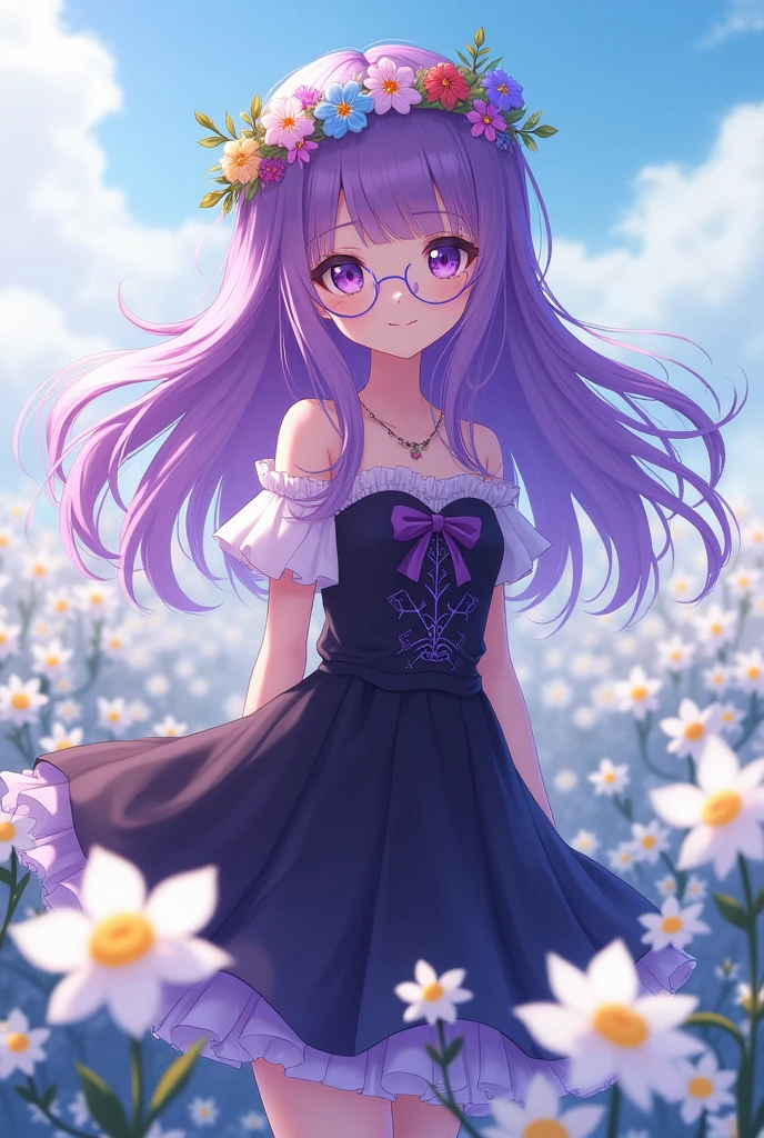 A 17 year old girl with long purple hair,  A crown of flowers, dark purple slanted eyes, black dress with purple details and fluffy, smiling in a field of white flowers, anime style, with small round glasses