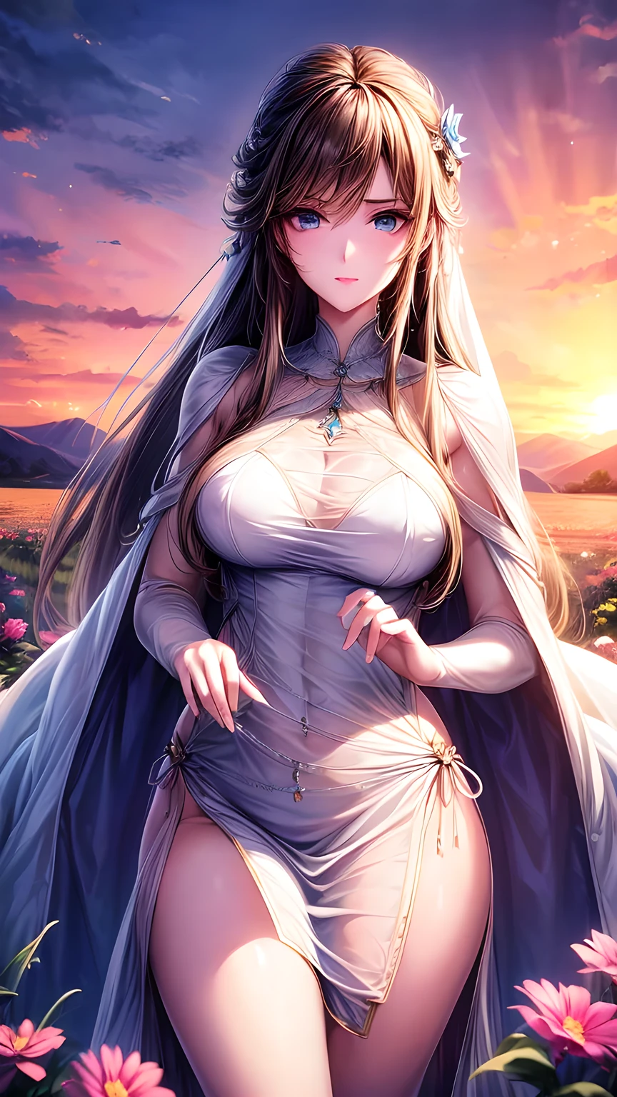 best quality, 30-year-old female, Medium breasts, Brown long hair, blue eyes, tight white dress, Sunset, Upper Body, Sexy, Angelic, Thin fabric, see through, Divine Light, Fluffy clouds, Colorful flower fields,