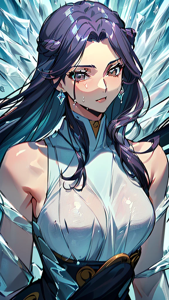 (((masterpiece, High resolution, accurate, Anatomically correct, most high quality, Very detailed, high quality, Ultra high definition:1.5))), Big Tits, Earrings, Sparkling eyes, moving line, Speed Line, mage,sexy pose,(((upper body,one woman,master of ice,氷の城 :1.5))),smile,Different world,another world