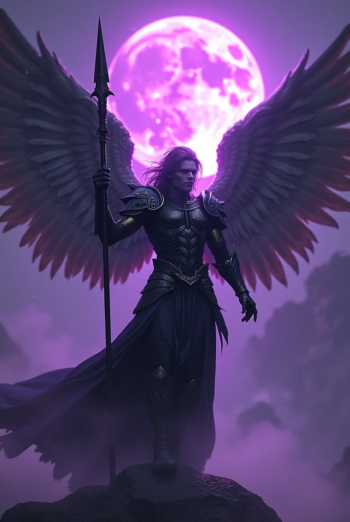 A warrior angel with a spear of darkness with the moon in the background in purple colors in the style of solo leveling arise