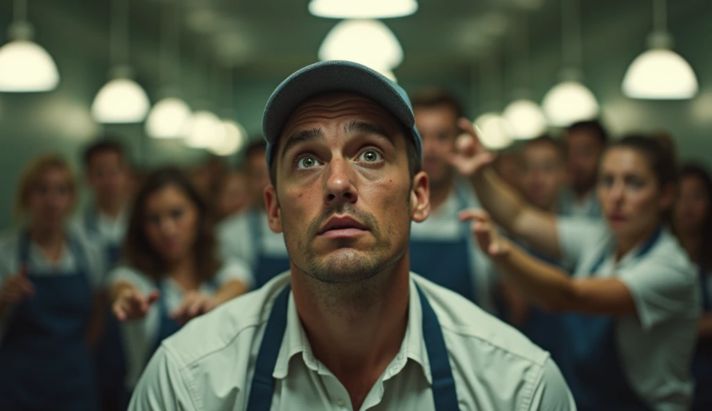 Cinematic realistic photo of an exhausted cafeteria worker, bulging eyes, perspiring, dark circles visible people pointing at him