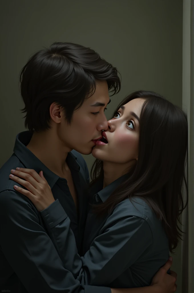 Create an image where a person tells a secret in another person's ear and that person is amazed.