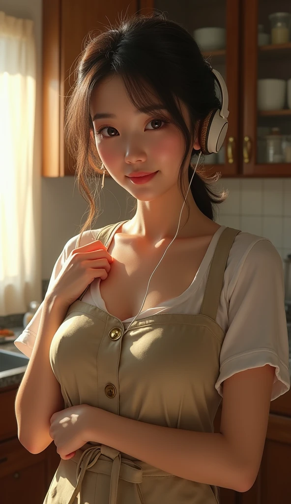 (((Highest quality)), ((masterpiece)), (detailed), One person, sexy、アイドルの可愛さのmasterpiece！A 30-year-old housewife、She is standing in the kitchen wearing headphones and an apron and cooking.。Dynamic lighting frames her round face.、Accentuates narrow eyes and perfect facial features。Adult Shortcuts、The camera zooms in on her plump cheeks and large breasts.、Accentuate ample cleavage。A very short apron hugged her thighs.、The prone angle captures her best smile、Showing off realistic body and fine details。The subject is kneeling loosely with both arms wrapped around his chest.、Naturally attractive even without makeup、It&#39;s an elaborate and professional piece of work.。BBW、Japanese Girls、Real Photography