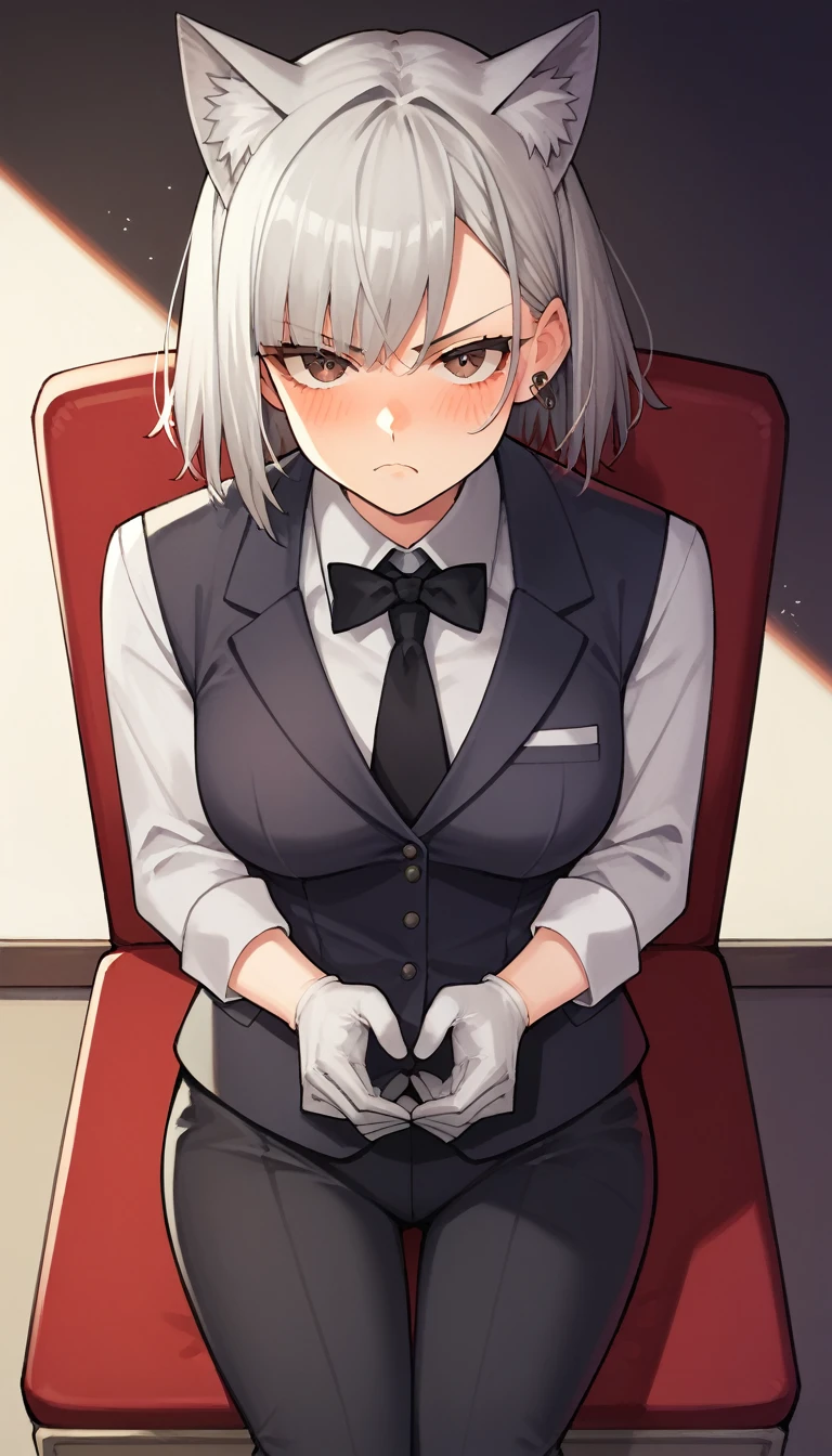 score_9, score_8_up, score_7_up, source_anime, 1girl, brown eyes, room, wariza, medium hair, grey hair, Choppy Bob haircuts, blush, looking_at_viewer, Frowning face, serious face, blazer, starshadowmagician, solo, Adult woman, best perfect anatomy, thin, curvy body, medium breasts, curvy body, high angle view Shot on person, a woman showing disappointed, lonely woman, a woman sitting in chair, cat ear headband, white shirt, black tie, format black vest, Long-sleeved shirt, black trousers, white gloves, wear a white surgical mask, dynamic angle. no light source, dark background, night days, sitting hotel room background,