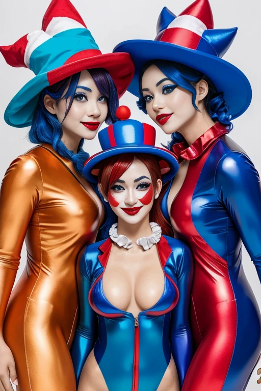 Three clown girls clowning Rubber Suit hair color: blue(1.1) Japanese Red and blue clown suit Two-pronged clown hat Clown makeup