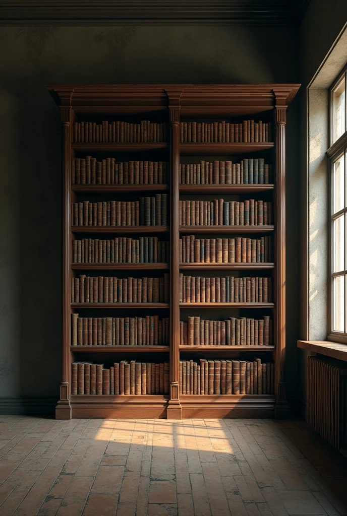 Vintage style. empty roam with book shelf and with light. The year is 2058