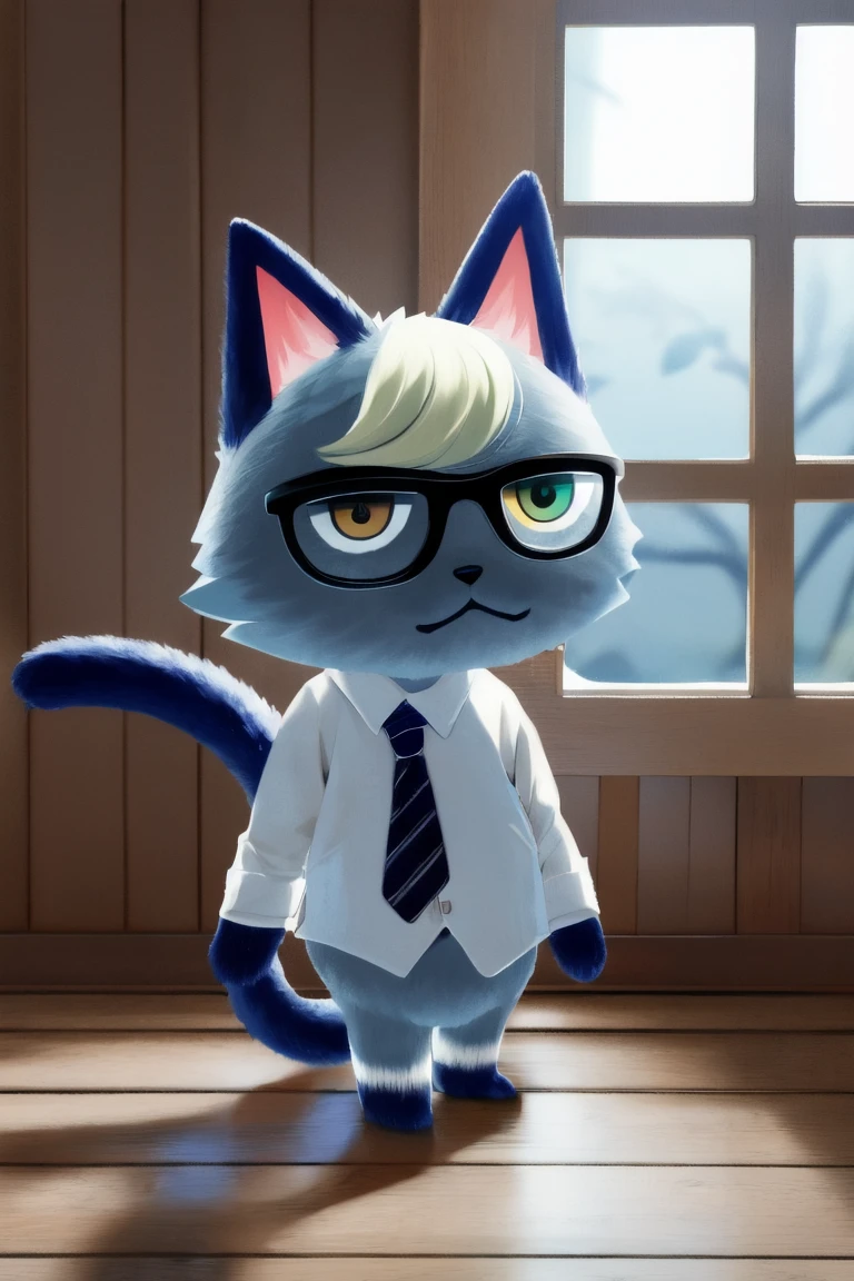 Raymond, One person, (Dagashi:1.2), Soft lighting, Heterochromia iridis, (Detailed eyes, Furry:1.3), Cat ear, Wear black-rimmed glasses、Best, White shirt, View your viewers, (Fine fur, Body hair Tail:1.1), Grey fur, 