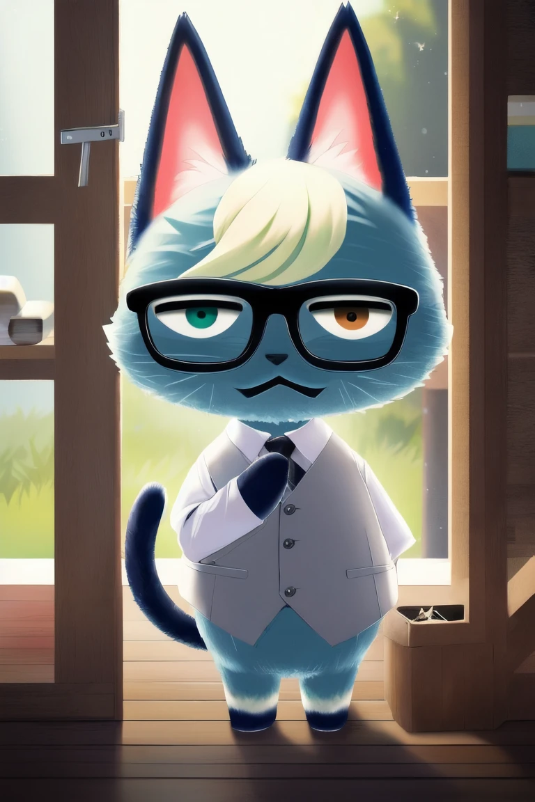 Raymond, One person, (Dagashi:1.2), Soft lighting, Heterochromia iridis, (Detailed eyes, Furry:1.3), Cat ear, Wear black-rimmed glasses、Best, White shirt, View your viewers, (Fine fur, Body hair Tail:1.1), Grey fur, 