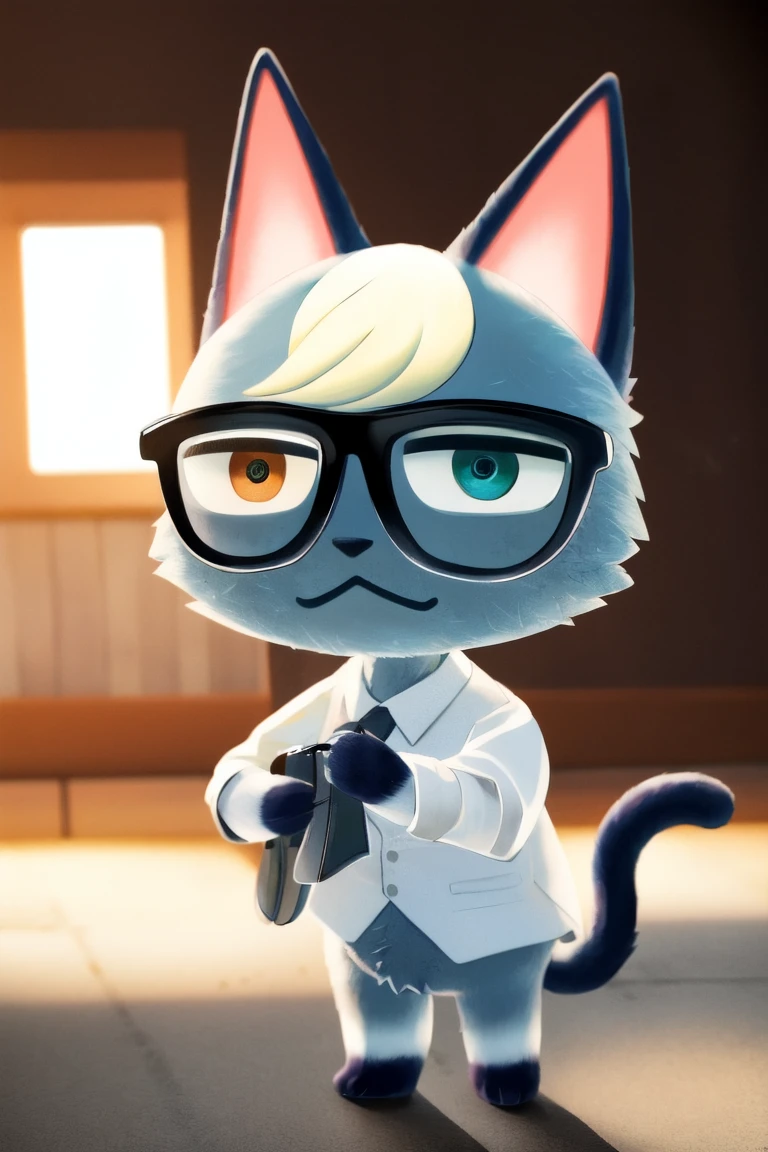 Raymond, One person, (Dagashi:1.2), Soft lighting, Heterochromia iridis, (Detailed eyes, Furry:1.3), Cat ear, Wear black-rimmed glasses、Best, White shirt, View your viewers, (Fine fur, Body hair Tail:1.1), Grey fur, 