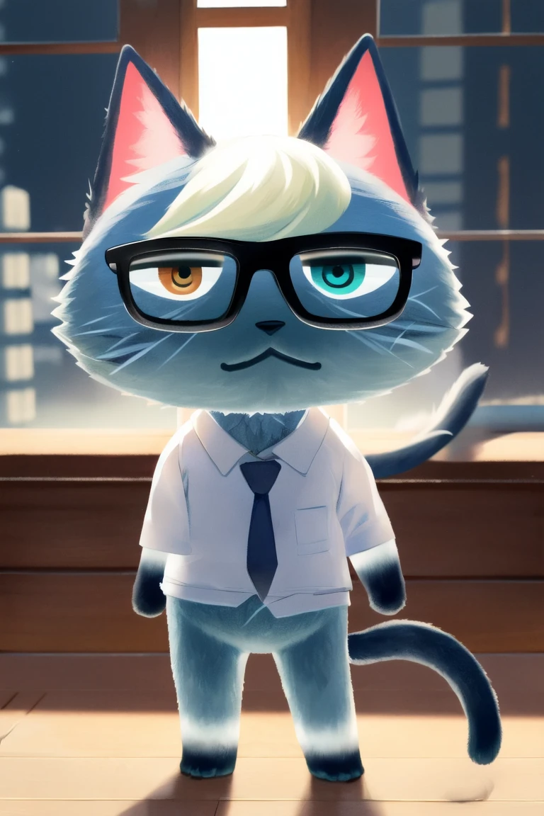 Raymond, One person, (Dagashi:1.2), Soft lighting, Heterochromia iridis, (Detailed eyes, Furry:1.3), Cat ear, Wear black-rimmed glasses、Best, White shirt, View your viewers, (Fine fur, Body hair Tail:1.1), Grey fur, 