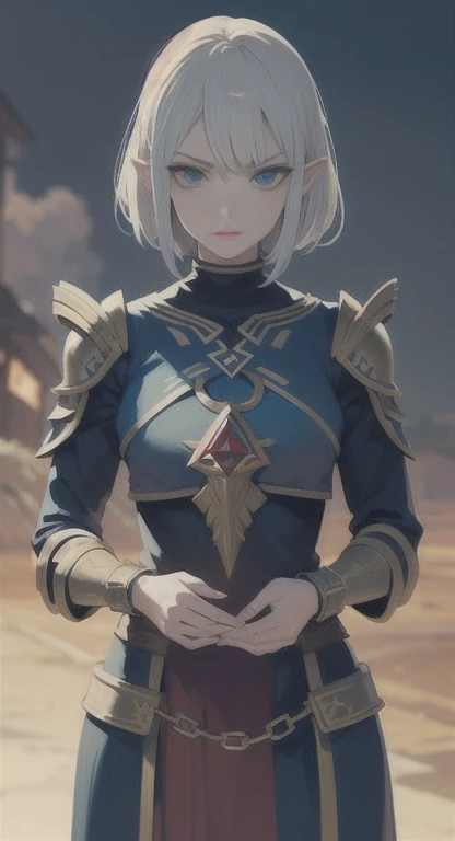 Masterpiece, best quality, mythical, Alluring Hylian, guardian Impa, Hyrule, legendary Triforce, armor, looking at viewer, judgemental glare,