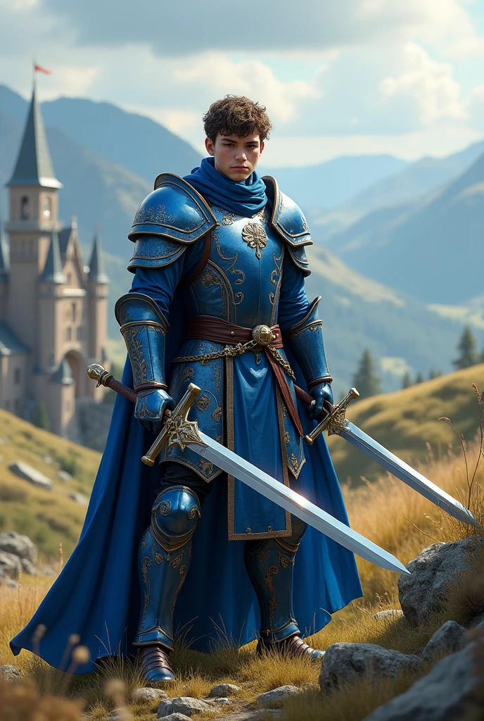 in a medieval world.
a young man of , wearing blue armor and a sword in each hand 