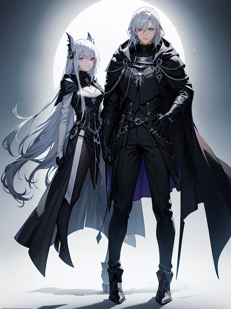 Nyx wears a long, flowing robe of dark, translucent fabric that appears to be made of shadows., with silver star embroidery on the edges. He wears a hood with a dark grey mask covering the upper part of his face., leaving his bright violet eyes visible. Her black gloves are adorned with silver threads and a wide black leather belt with an eclipse-shaped buckle holds her outfit together.. She completes her outfit with tall black boots and a short dark cloak held together with a silver chain., that absorbs light, making it almost invisible in the darkness.