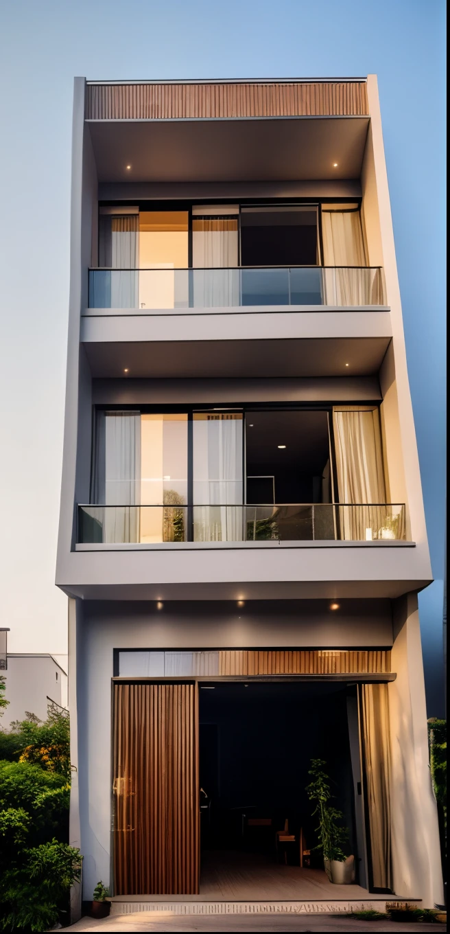 Perspective of a modern house with a large enough front yard, main materials are light yellow walls, stone and wood, a road running in front of the house, (RAW photo, real, best quality, masterpiece: 1.2), current view modern minimalist, 1 street in front of house, shime ring light, indoor brightness:1.2, dynamic lighting:1.3, (hyper-realistic, photo-realistic:1.2), high quality, daylight, contrast high:0.5 perfect light, Archdaily, contemporary masterpiece award, award winning contemporary, beautifully designed masterpiece, spacious modern mansion, modern neo-traditional, wide angle exterior 2022 , mid-century modern, contemporary home, stylish modern feel, long front view, award-winning modern design, stunning lines, residential, exquisite details, indoors gently:1.3, cửa sổ cửa đi nhôm kính màu trắng