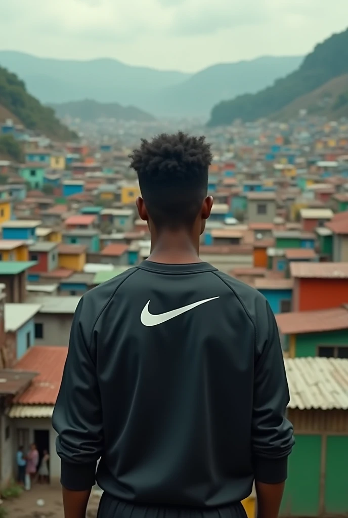 MC with his back turned looking at the favela wearing Nike clothes