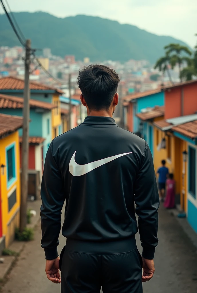 MC with his back turned looking at the favela wearing Nike clothes 