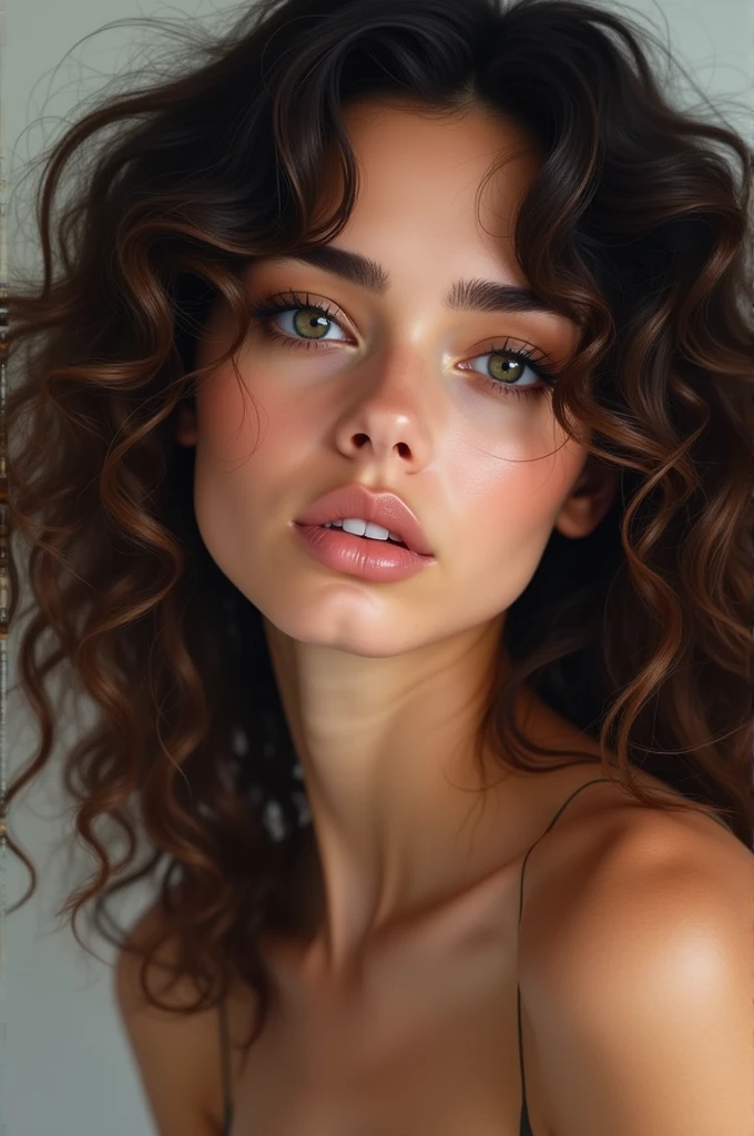 A white girl with big eyes and eyelashes, thin nose, thick lips and curly hair
