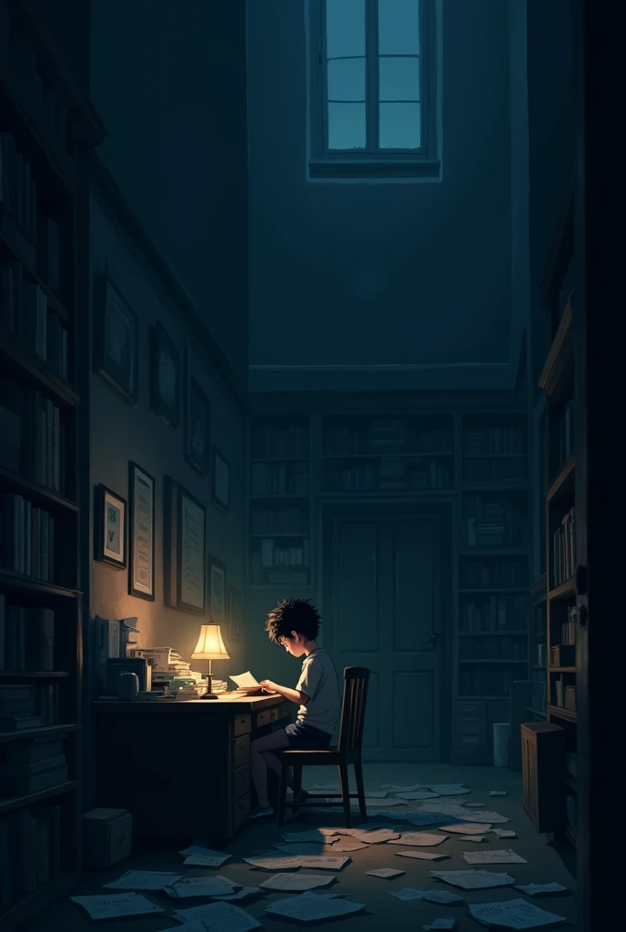 A big room, desktop , mostly cool colors, an anime boy sitting and reading book on a messy table, low lights, dark room, the ceiling of the room is long, its night, there is no light --auto --s2
