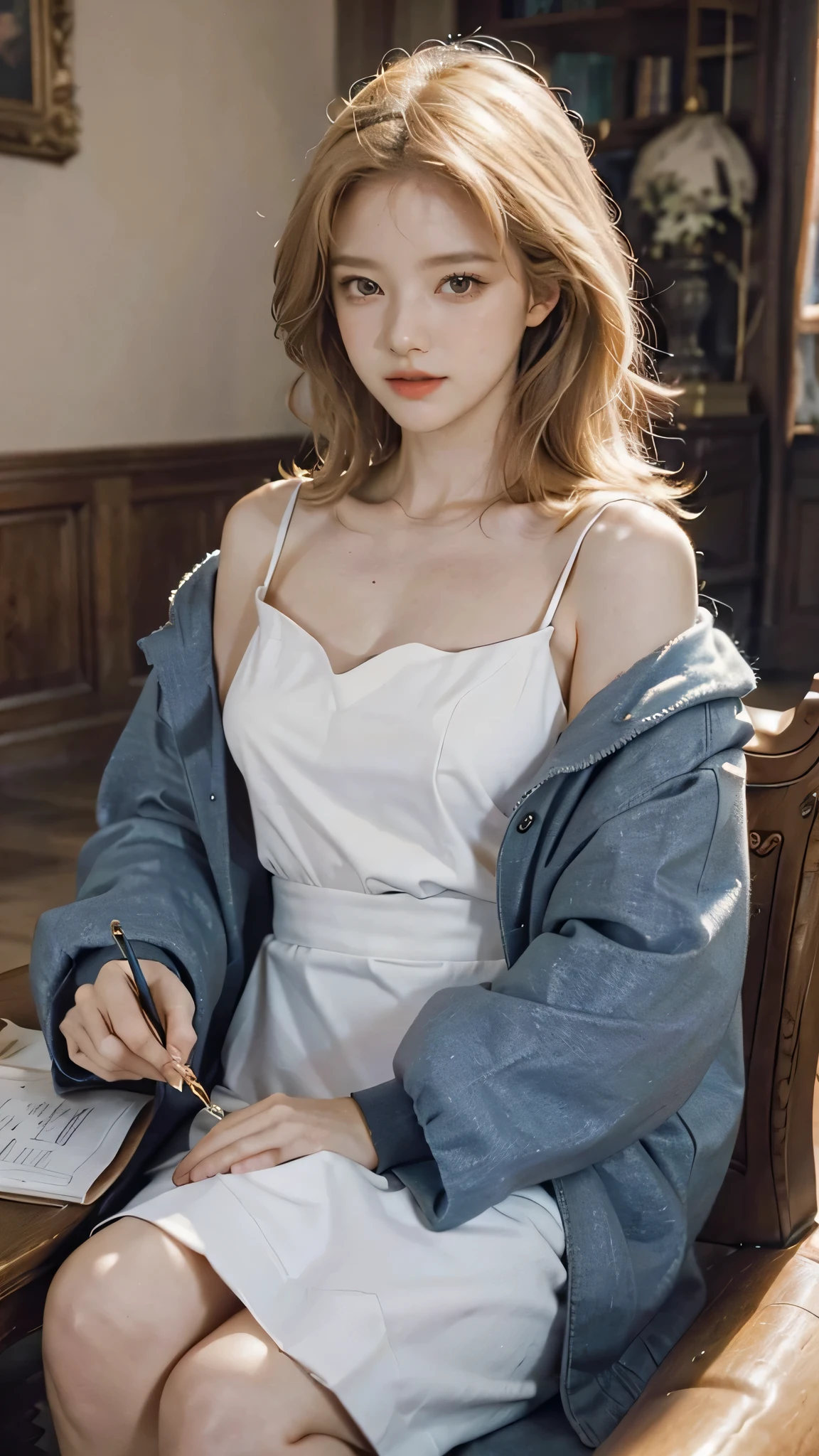 (Masterpiece: 1.2, Best Quality), Realistic, (Realistic Picture, Complex Details, Depth of Field), Best Quality, Masterpiece, Highly Detailed, Semi Realistic, 1 Girl, Mature Female, 2, Blond Hair, Shoulder length Short Hair, Left Eye Covered with Hair, Blue Eyes, King's Clothes, Red Cloak, Slim Figure, Crown Made of Precious Gold, Reading Documents, Marking Documents, Goose Hair Pen, Office Table, Soft Bench, Palace, In the palace, during the Middle Ages