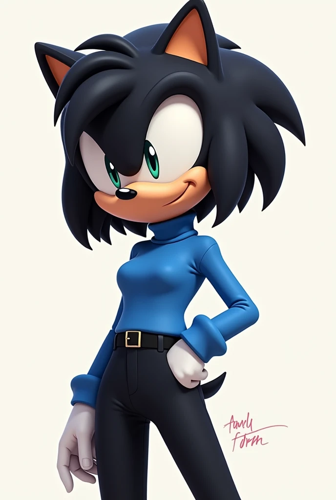 A female hedgehog like amy rose style,black bob haircut with bangs,a blue turtleneck shirt,black pants, 2d style
