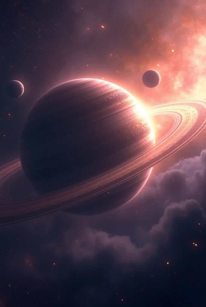 “A breathtaking outer space scene featuring a massive gas giant planet with several orbiting moons. The background is filled with countless stars, with distant nebulae creating a dreamy atmosphere. A sunrise or sunset effect illuminates part of the planet, casting soft orange and purple hues across the sky. The overall scene is both majestic and otherworldly, capturing the vast beauty of the cosmos.”