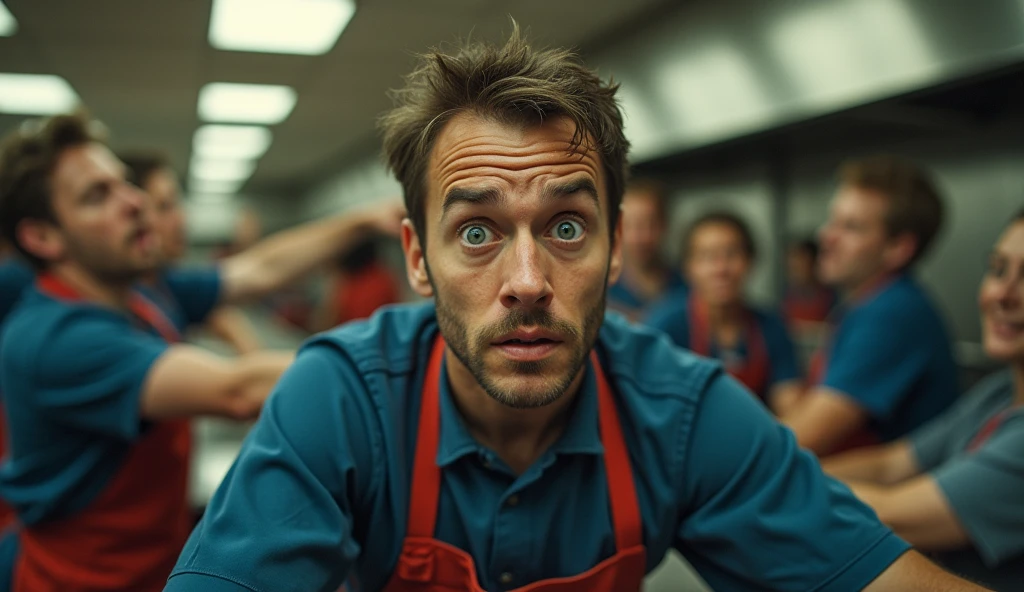 Cinematic realistic photo of an exhausted cafeteria worker, bulging eyes, perspiring, dark circles visible people pointing at him