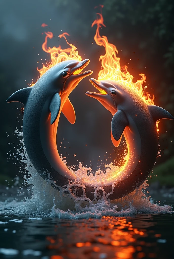 Dolphins making a yin yang, with fire in their mouths, 3D