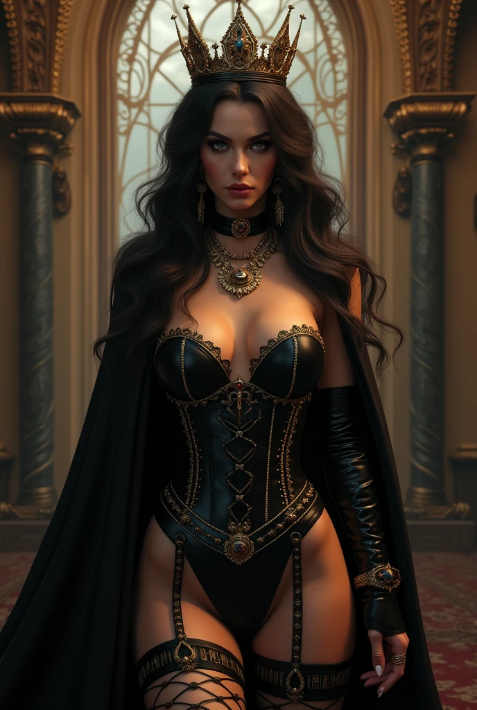 steampunk woman with curly hair wearing a steampunk bodice and leather jacket draped over shoulders with detailed seductive alluring eyes in a salo  ((full body including legs)),  best quality masterpiece, photorealistic, detailed, 8k, HDR, shallow depth of field, broad light, high contrast, backlighting, bloom, light sparkles, chromatic aberration, sharp focus, RAW color photo