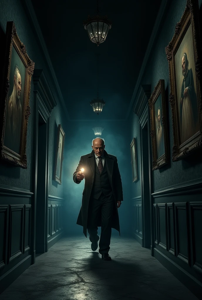 Prompt: Mr. Roy holding a flashlight as he walks cautiously through the mansion’s dark, narrow corridors. The walls are lined with old paintings, and some faces in the paintings appear disturbingly lifelike.