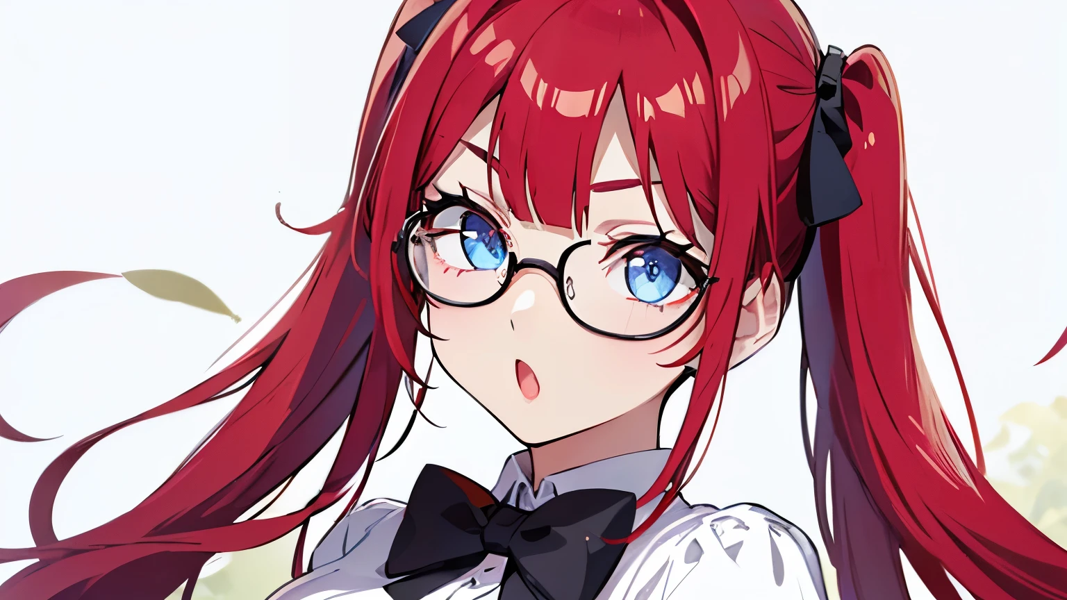 Glasses、Bright Red Hair、Blue Eyes、Twin tails、Hair between the eyebrows、Straight Hair、blunt bangs、White shirt、White shirt、Black bow tie、Big Breasts、super fine illustration,(((beautiful fine hair))),(((beautiful fine face))),(((beautiful fine background))),
