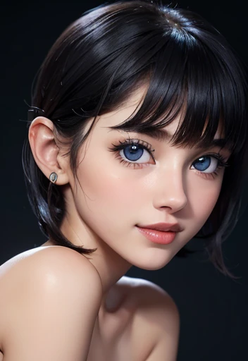 Cute girl with beautiful detailed face with black voluminous lips sensual and tender smile, looking at viewer stunning blue eyes white skin black eyeliner, Short black hair with bangs NSFW, perfect and detailed slim body 