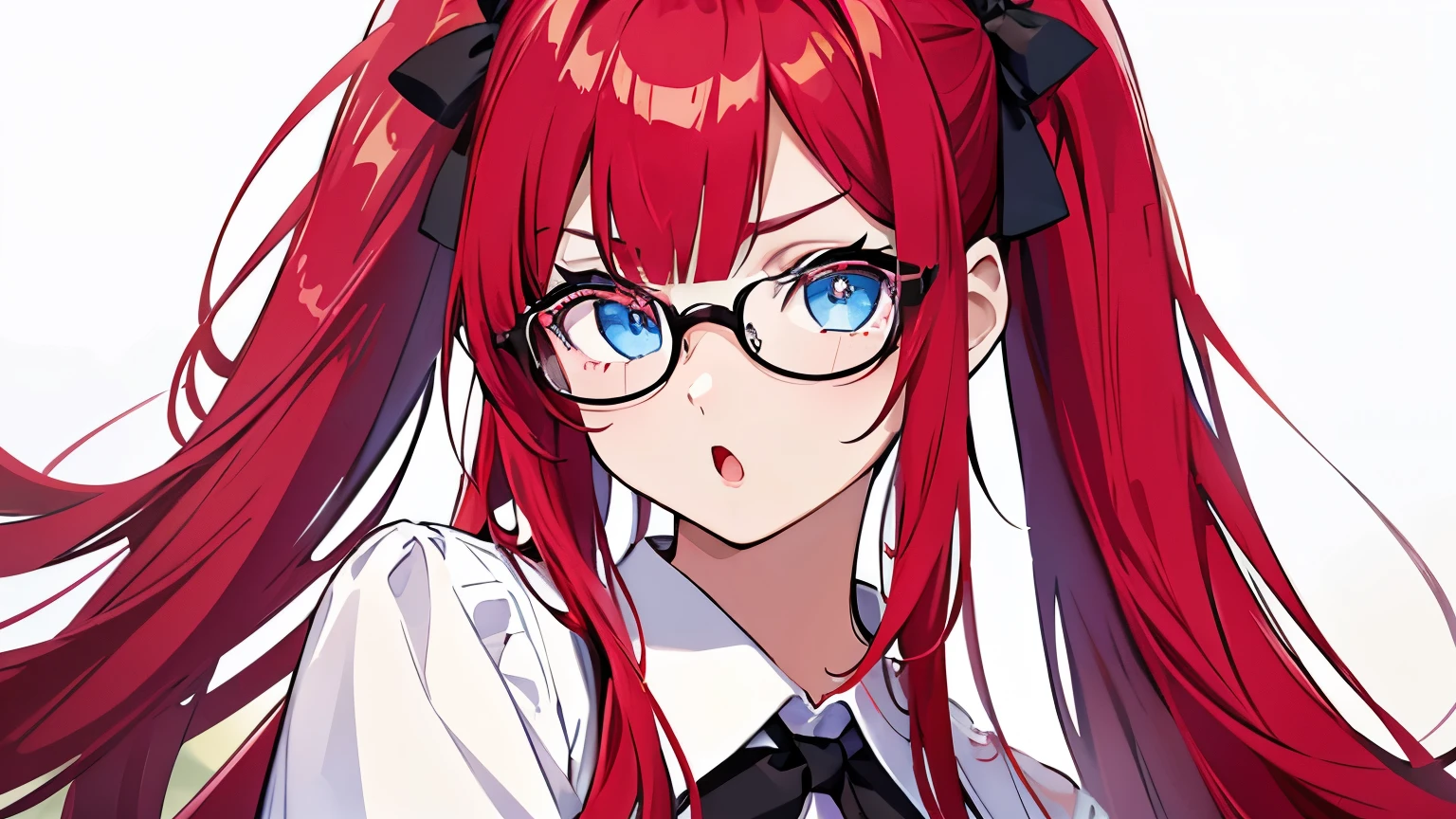 smile、Honey、Glasses、Bright Red Hair、Blue Eyes、Twin tails、Hair between the eyebrows、Straight Hair、blunt bangs、White shirt、White shirt、Black bow tie、Big Breasts、super fine illustration,(((beautiful fine hair))),(((beautiful fine face))),(((beautiful fine background))),