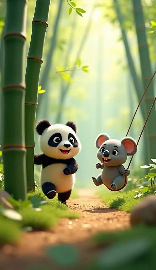 Cartoon anime 3D characters of The little panda and the koala are playing a game together in the bamboo forest. The panda is playfully chasing the koala around a bamboo shoot, while the koala swings playfully from a low eucalyptus branch.