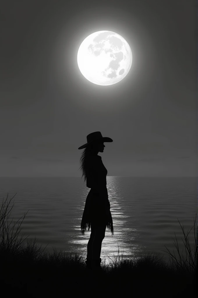 Silhouette of a rancher woman looking at the sea and the moon is reflected on it, white and black