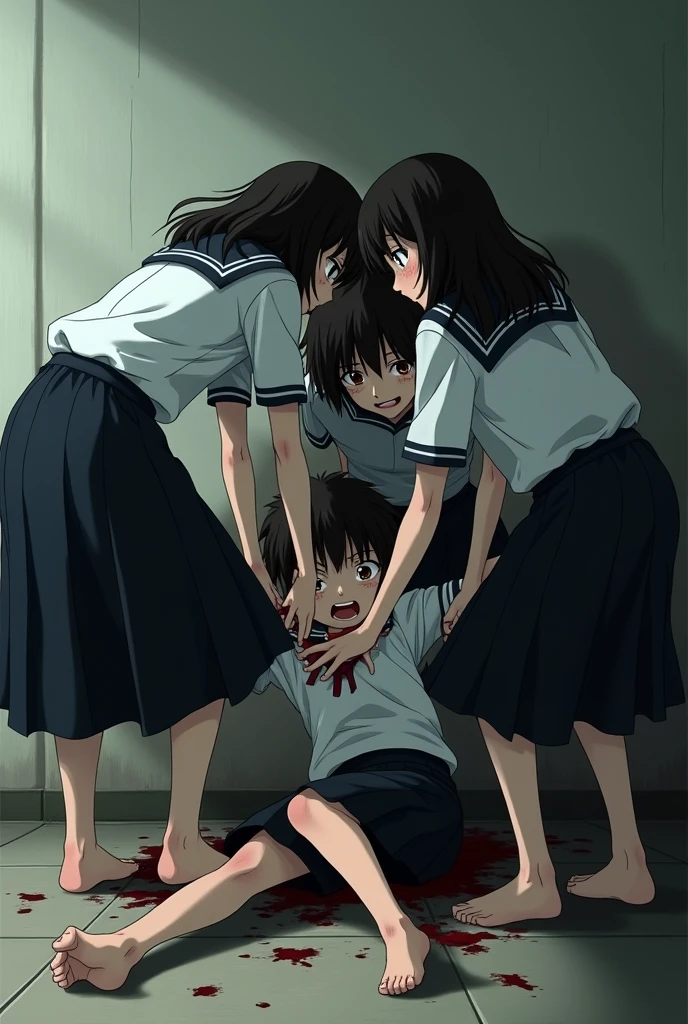 A group of girls in long black skirts are killing and strangling a boy on the floor in an anime 