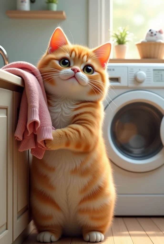 photorrealistic, 64k, cute fat [cat] washing clothes, standing beside washing machine