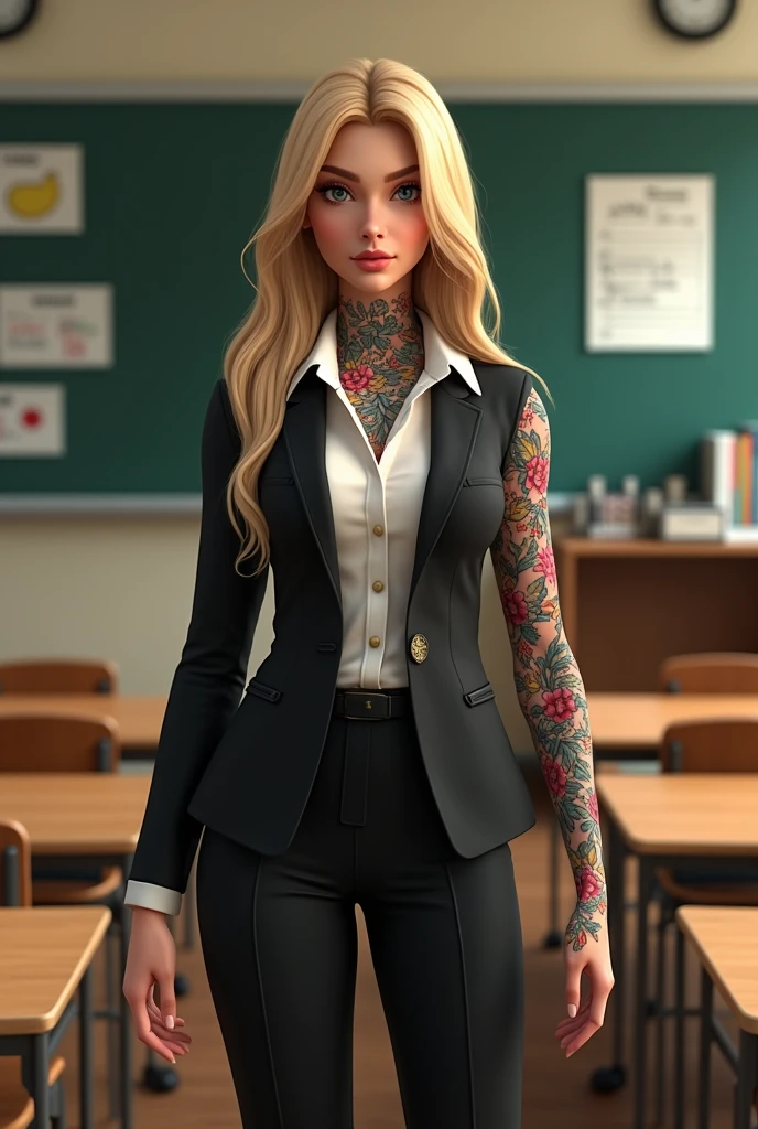 A imvu avatar woman with blonde hair, wearing a a stict business suit, wearing a black noble suit, teaching a children’s math class at a public school, showing a full body floral tattoo.