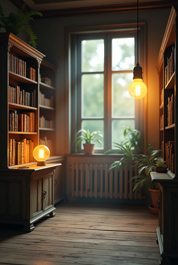 Vintage style. empty roam with book shelf and with open light bulb and window light. The year is 2058