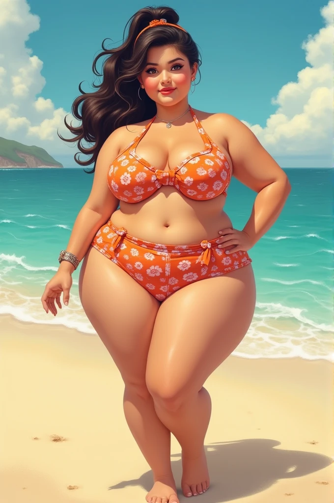 50' pin-up style drawing , full body view of a chubby girl with ponytail, wearing a real lifestyle Halter top beach wear standing at the beach.