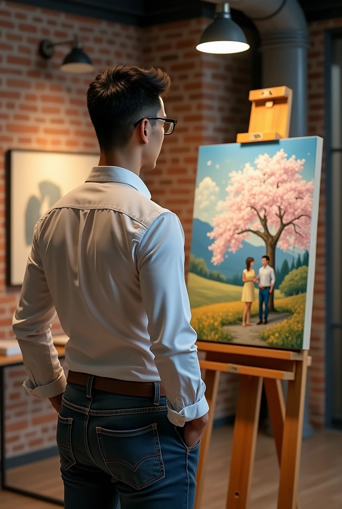 Tanned japanese handsome japanese man, man is wearing an white formal shirt and jeans with , he is standing and looking at a paintings on easel, with his back to the camera looking at easel with painting canvas. In on of the focused painting, a man and woman are depicted under a fallen cherry tree in Van Gogh's style. in an industrial style gallery room, he is a painting currator. The photo is taken from his back, focused on the painting, Over-the-shoulder shots, ultimate photorealistic.