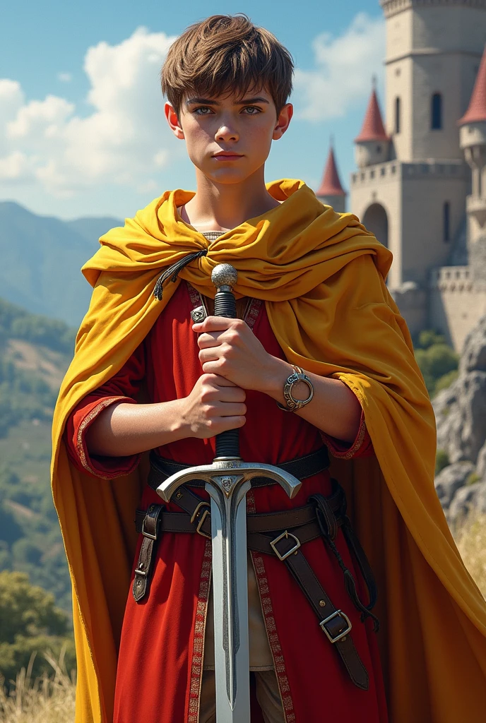 in a medieval world.
a young man of , wearing red and yellow armor and a sword