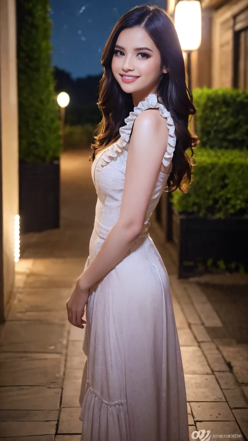 masterpiece, highest quality, 8k high quality photo, cinematic lighting, deep shadow, 1girl, gorgeous face, fearless smile, smooth soft parl skin, light-blown medium wavy hair, looking into camera, (standing on european street), model posing, front view,((cowboy shot)), (frilled dress:1.2), at late night, ((night:1.5))